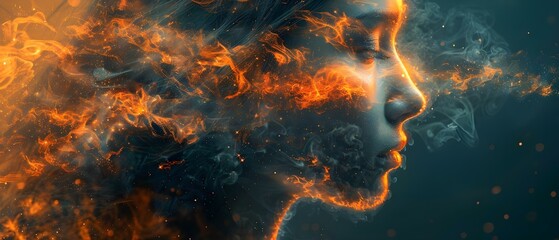 A woman with a face resembling black flames merges into the universe. Concept Surreal Portraits, Cosmic Fusion, Black Flame Woman, Celestial Beauty, Ethereal Transformation