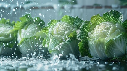 Rows of watery fresh cabbages on a white surface. Generative AI.