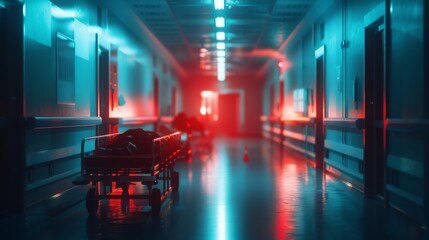 Hospital Hallway A Representation of Medical Emergency Urgency, Featuring Stretchers and Red Lighting
