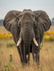 Close up of an African elephant, with a savannah backdrop, increasing the grandeur and charm of the species - obrazy, fototapety, plakaty