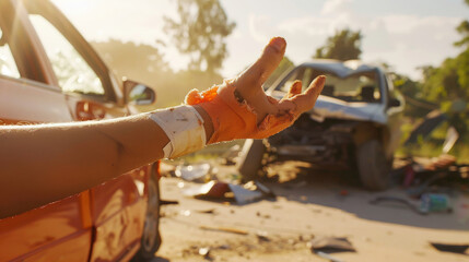 a fractured arm in a cast, medical bandages, crumpled car wreckage in the background