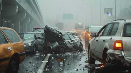 Foggy Roadway Car accident with Multiple vehicles crashed