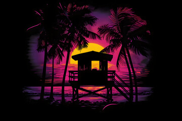 Silhouetted lifeguard tower with neon palm trees isolated on black background.
