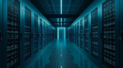 Data Center Rows of server racks illuminated by blue lights High-Tech Facility