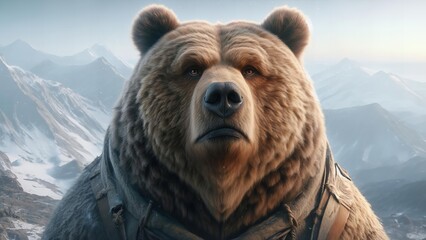 bear with a backpack on its back is staring at the camera - obrazy, fototapety, plakaty