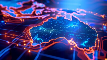  A digital world map of australia with glowing outlines, symbolizing global connectivity and data exchange in a technologically integrated world.