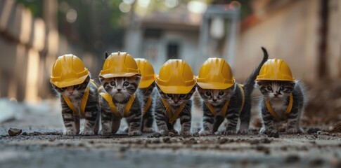 group of cute baby kittens wearing construction worker outfits with yellow hard hats, on the city street, working together to build something new and beautiful.