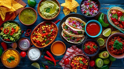 Colorful Array Of Mexican Cuisine, Including Tacos, Guacamole, Salsa, And Condiments. Top View. Cinco de Mayo Celebration, Restaurant Menus, or Food Blogs. AI Generated