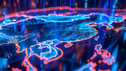 a vibrant digital map of the world, with neon lines highlighting borders against a dark backdrop, creating a futuristic visual representation.