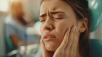 Young Feale Patient With Toothache At Dental Clinic Waiting for Tooth Treatment, Close-Up, Dental Care, Oral Pain. AI Generated
