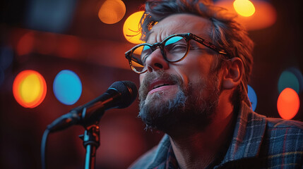 Close-up of a passionate male singer with glasses performing live on stage with colorful bokeh lights in the background, depicting musical performance and entertainment.