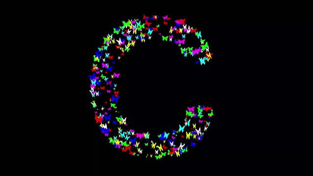 English alphabet C with colorful butterflies on plain black background