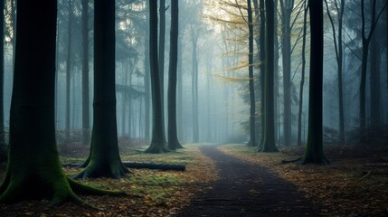 Naklejka premium A serene woods in the morning mist