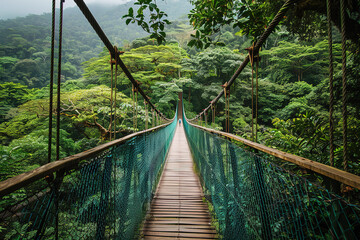 Fototapeta premium Suspension bridge in a lush green forest