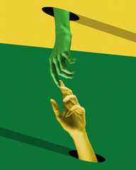 Poster. Contemporary art collage. Two hands colored in green and yellow monochrome filter reaching out for each other from hole. Abstract vibrant artwork. Concept of pop art, positive emotions.