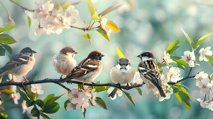 Sparrows Perched on a Cherry Blossom Branch in Spring. A Serene Scene with Wildlife and Flora Interacting. Perfect for Nature Themes and Decorative Prints. AI