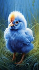 Radiant blue chick standing proudly, fresh morning, dewy grass underfoot, unique hyper-realistic illustrations