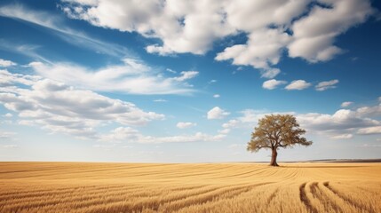 A wheat field with a single tree and a clear sky in the background