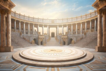 a majestic palace with columns and a circular stage. The stage is made of marble and has a circular...