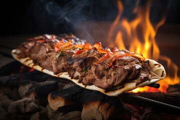 long piece of meat on a pita bread. The meat is roasted to a golden brown and looks delicious.