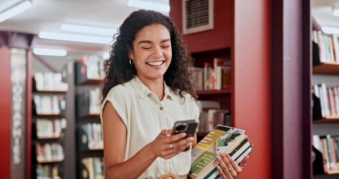 Happy, education or woman in library with phone for knowledge or development for learning. Social media, walking or student at school studying course info to search on online blog or mobile app news