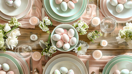 Elegant Easter Table Setting with Pastel Colors. Picture-perfect Tableware Arrangement for Spring Celebration. Ideal for Party Planners and Lifestyle Magazines. AI