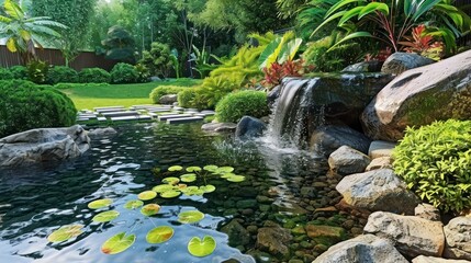 An Enchanting Backyard Setting with a Refreshing Pond, Trimmed Bushes, and a Delightful Small Waterfall