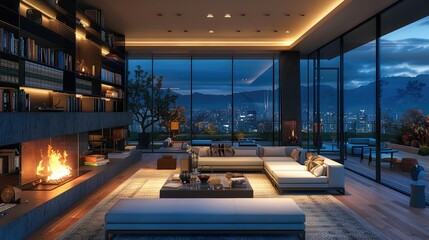 At night, a modern living room with fireplace, bookshelves, couches and large windows. Generative AI.