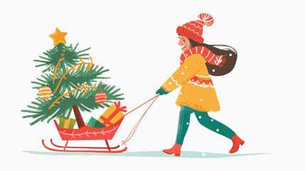 Cute girl pulling sled with christmas tree. isolated