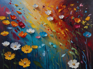 Whimsical oil painting of flowers, their colorful petals cascading across an abstract canvas with joyful abandon.
