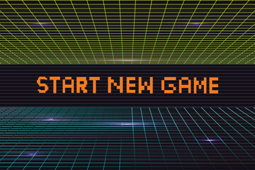 Fototapeta premium Start New Game. Synthwave wireframe net illustration. pixel art .8 bit game. retro ga.me. for game assets .Retro Futurism Sci-Fi Background. glowing neon grid. and stars