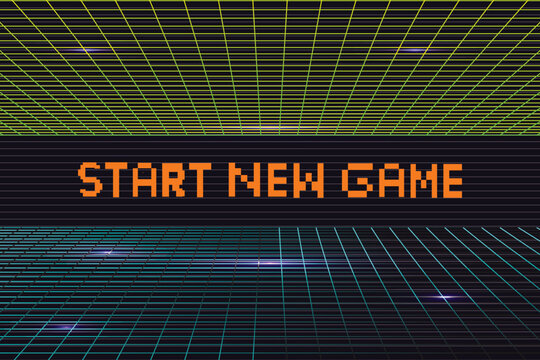 Start New Game. Synthwave wireframe net illustration. pixel art .8 bit game. retro ga.me. for game assets .Retro Futurism Sci-Fi Background. glowing neon grid. and stars