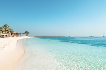 a beach with palm trees and blue water