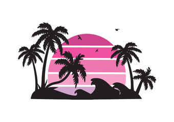 silhouette of wave and palm trees vector, pink sunset.  wave vector silhouette. palm seascape with pink sunset vector silhouette