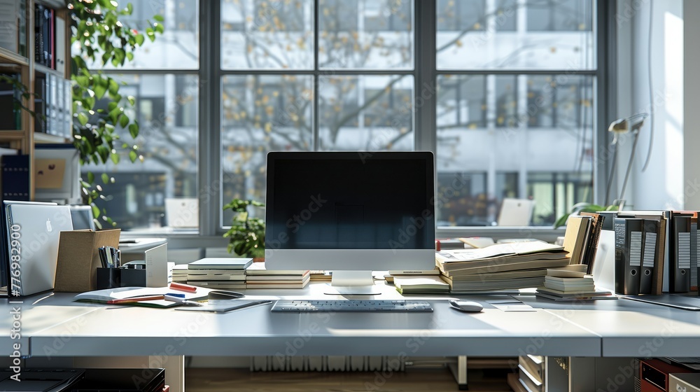 Leinwandbilder an empty office desk, a computer and a few scattered books. generative ai.