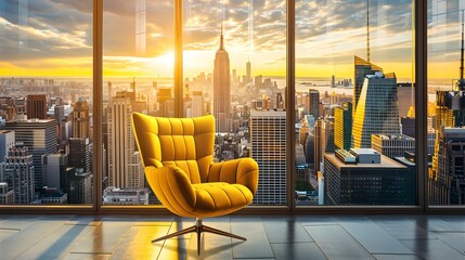 Golden hour over cityscape with elegant chair, modern office view. Sunny city skyline, inspirational business setting. Luxury, comfort meet professional lifestyle. AI - obrazy, fototapety, plakaty
