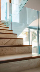 : A modern staircase with sleek glass railings, reflecting the surrounding architecture.