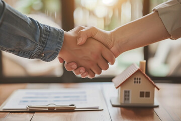 Two hand handshaking over a house model on wooden desk. symbolizing home buying contract or housing finance agreement.