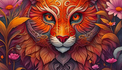 The tiger's face is beautiful with flower petals and feathers made from leaves, AI generated