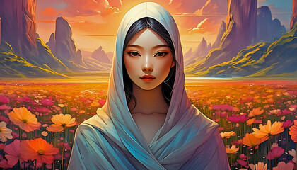 Charming with head and body covering in sunset background, AI generated