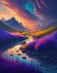 Beautiful sunset sky over creek and lavender field, AI generated