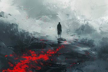 concept art of dark horror, the man stands alone in an endless foggy landscape with red splashes on it