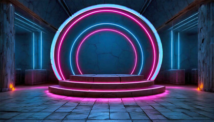 Round podium decorated with blue and pink lights, AI generated