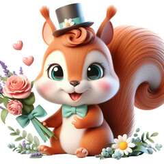 Cute character 3D image of Squirrel with flowers and saying thanks white background PNG