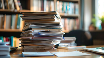 A warm and inviting image showcasing heaps of diverse books stacked on a desk in a library setting,...