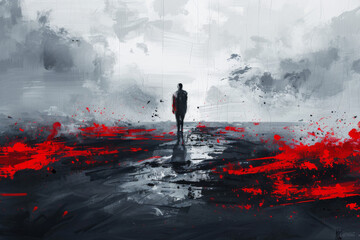 concept art of dark horror, the man stands alone in an endless foggy landscape with red splashes on it