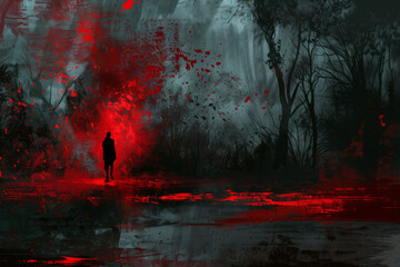 concept art of dark horror, the man stands alone in an endless foggy landscape with red splashes on it - obrazy, fototapety, plakaty