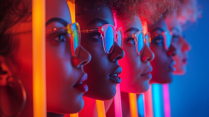 Cropped portraits of group of people on multicolored background in neon light.