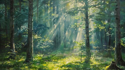 Sunbeams Filtering Through Forest Canopy Painting