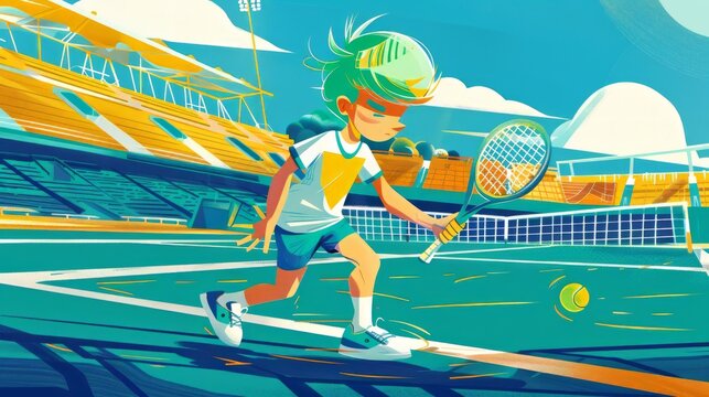 A Boy with racket in his hand playing tennis on the court, Kid sport player. Children book illustration
